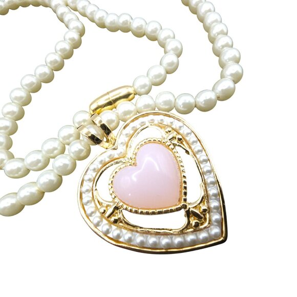 Victorian Heart Necklace 19" Faux Pearl Pink Heart Pendant Vintage 1987 Avon - Picture 5 of 10